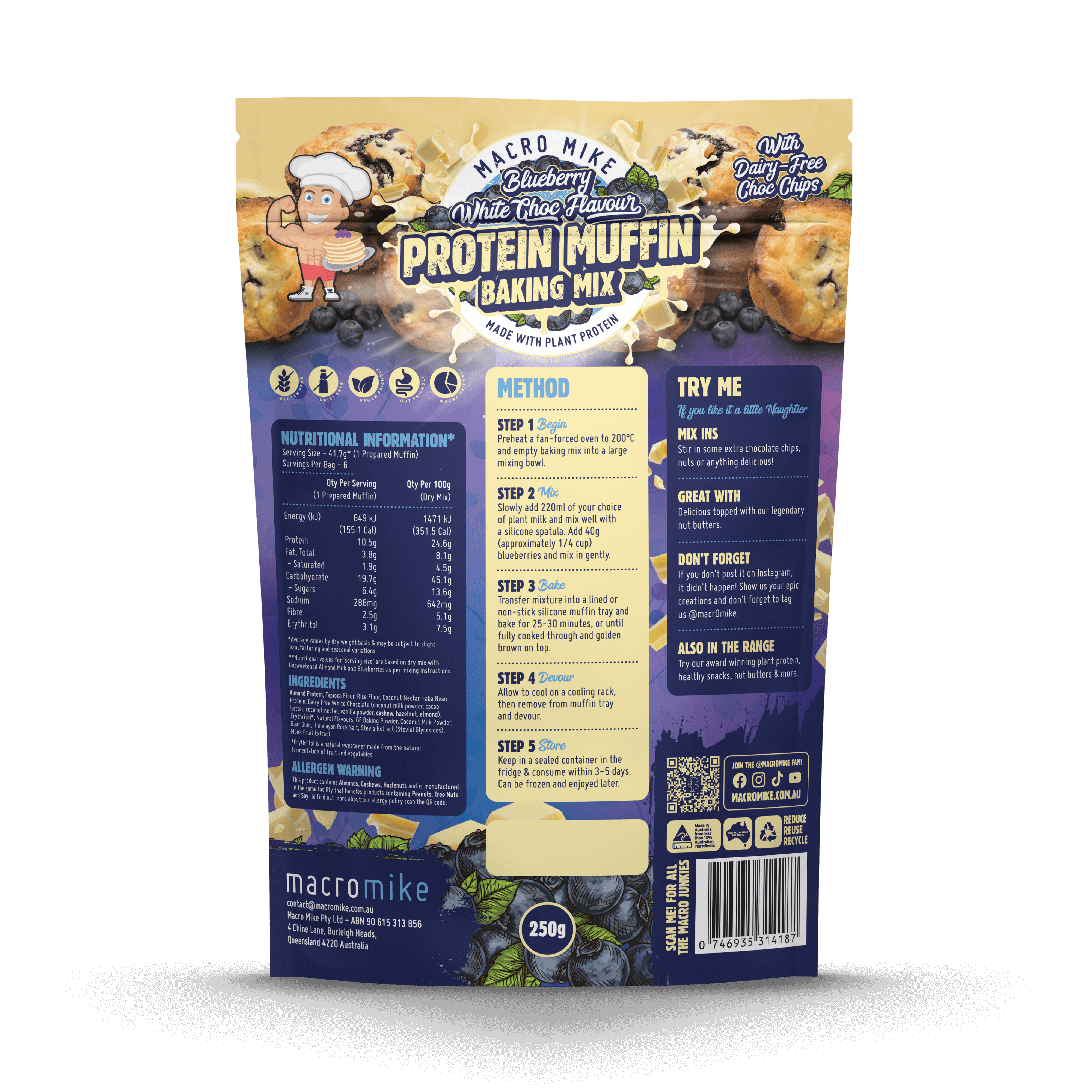Blueberry White Choc Protein Muffin Baking Mix (250g)