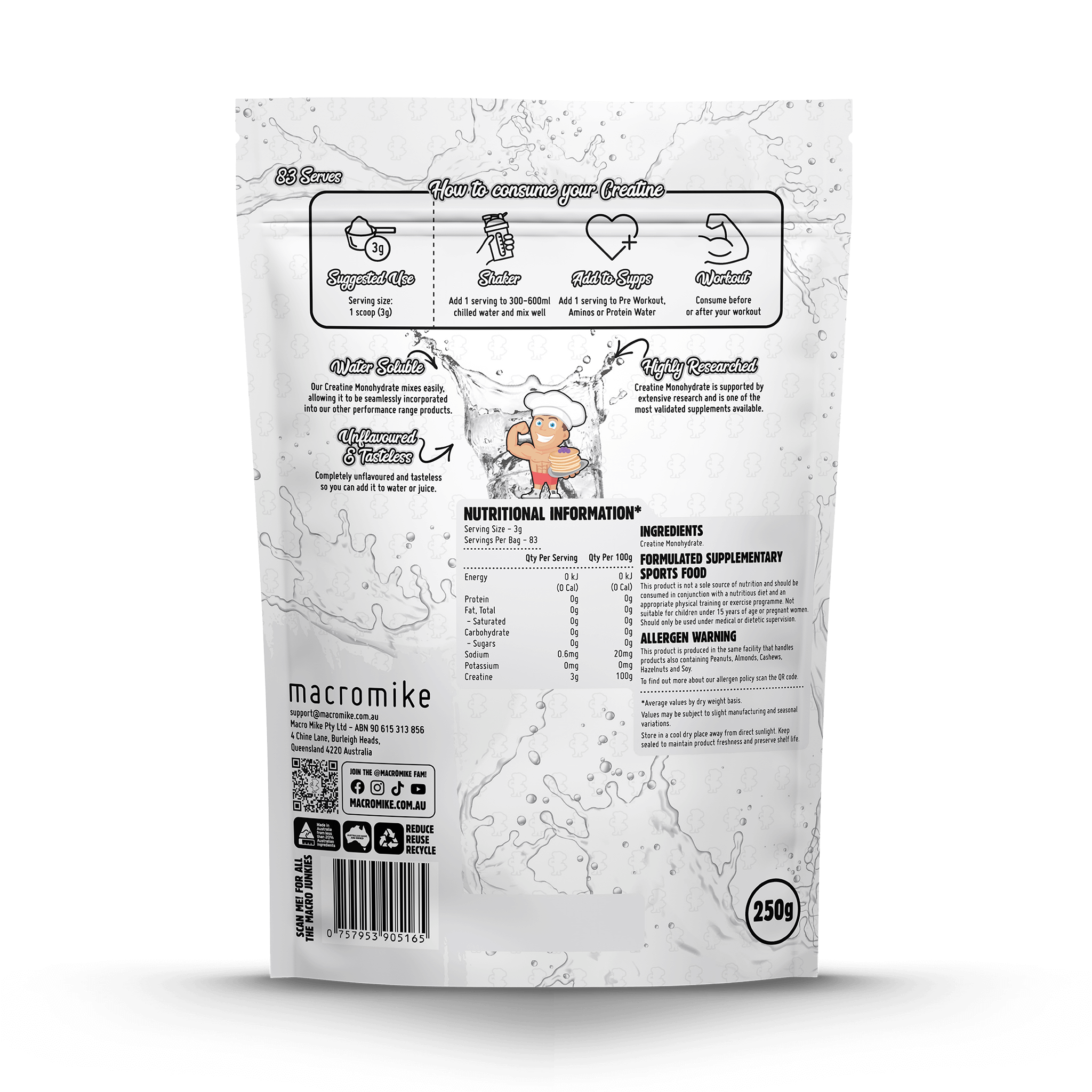 Unflavoured Creatine Monohydrate (250g Bag)