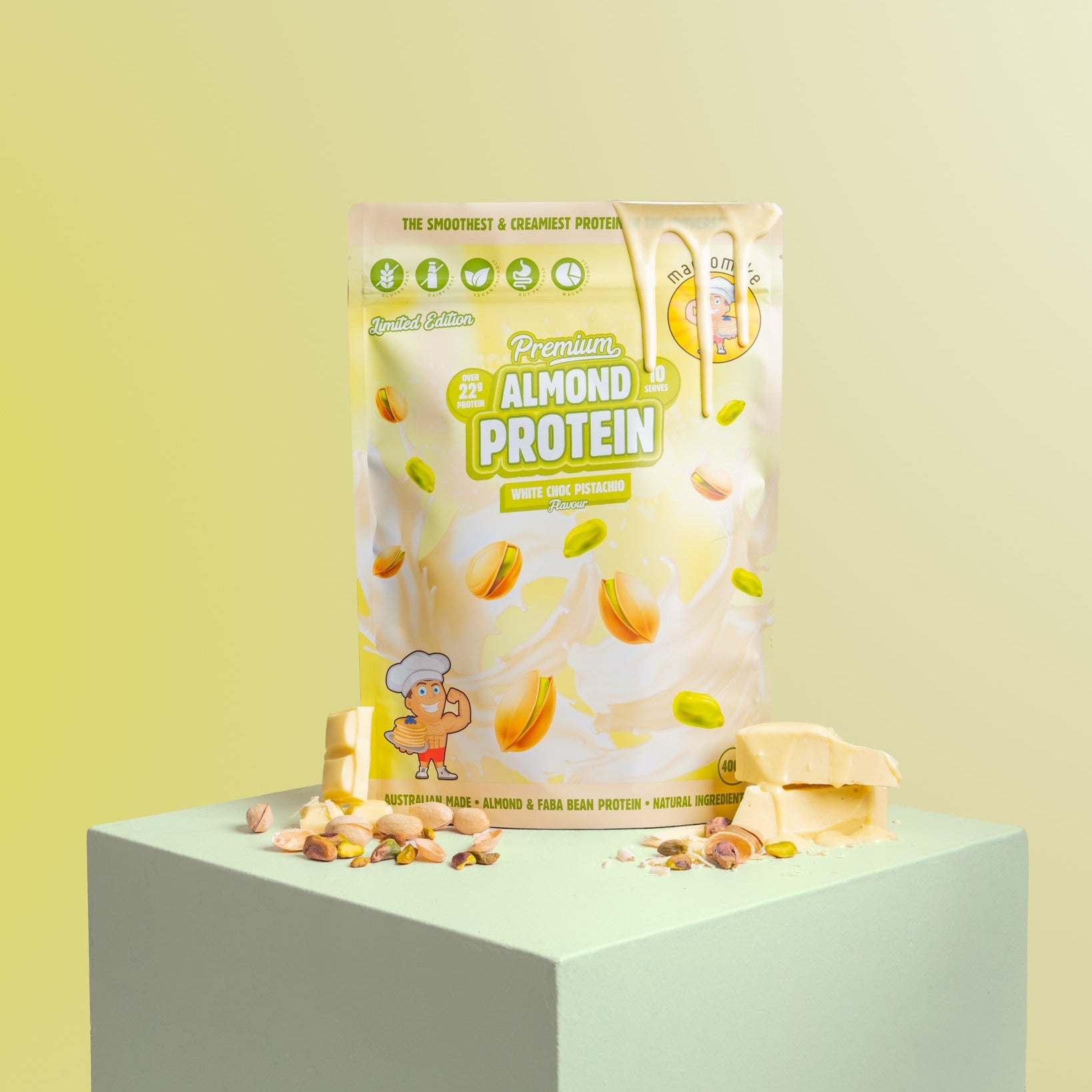 White Choc Pistachio Premium Almond Protein (400g Bag)