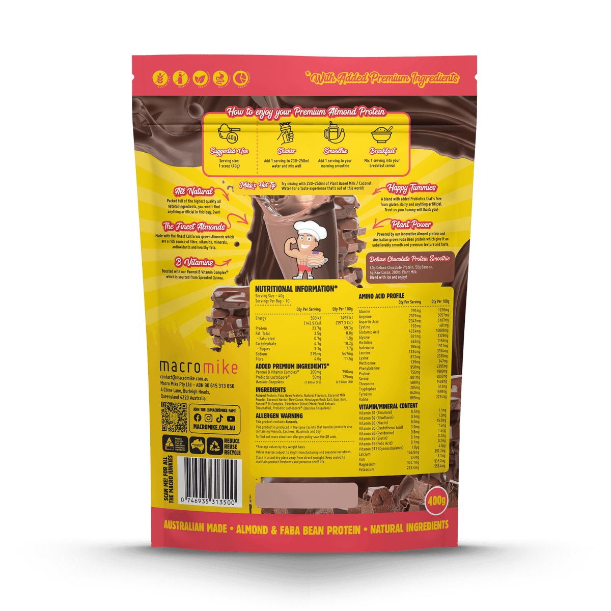Deluxe Chocolate Premium Almond Plant Based Protein (400g Bag) Macro Mike