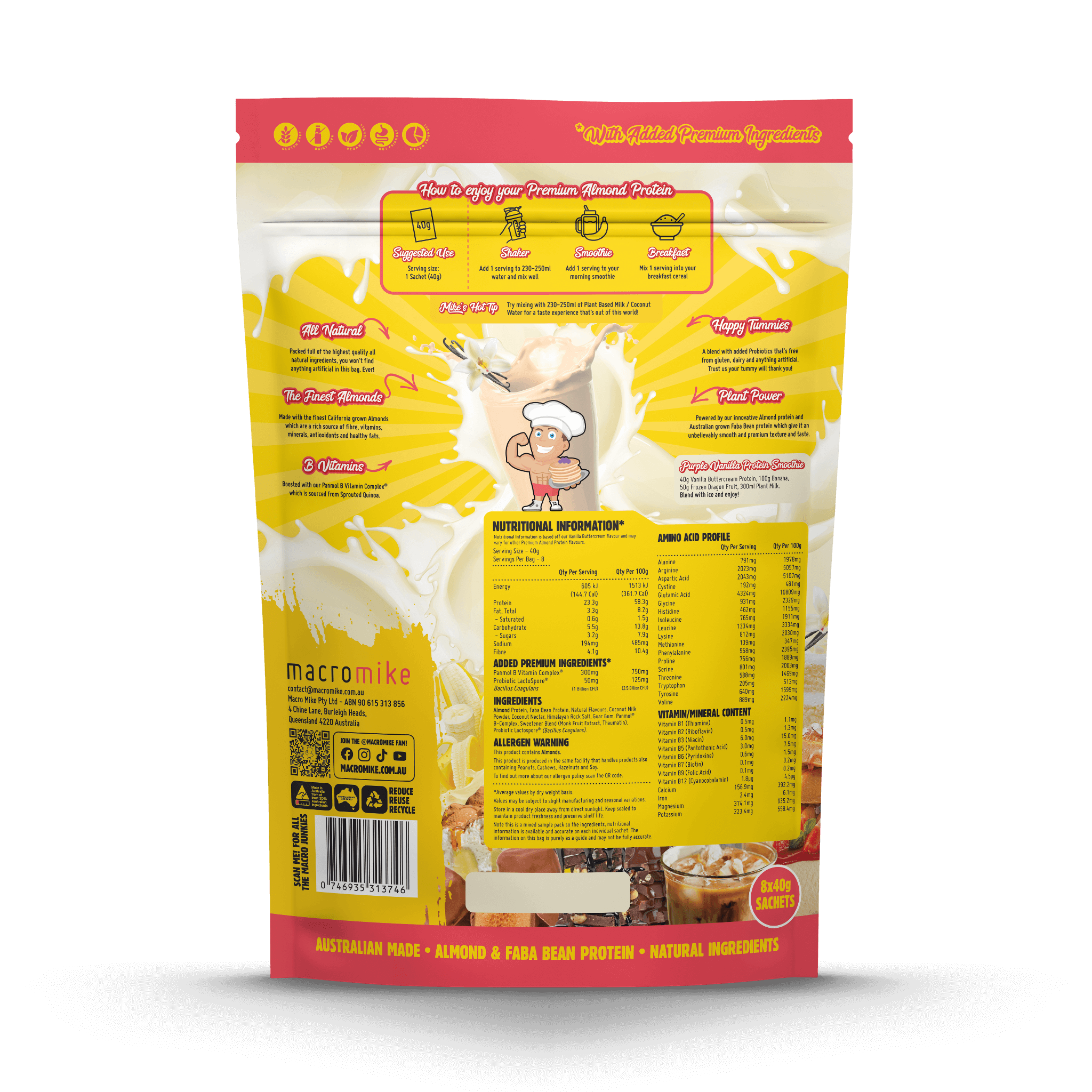 Macro Mike Premium Almond Protein sample pack — back of bag