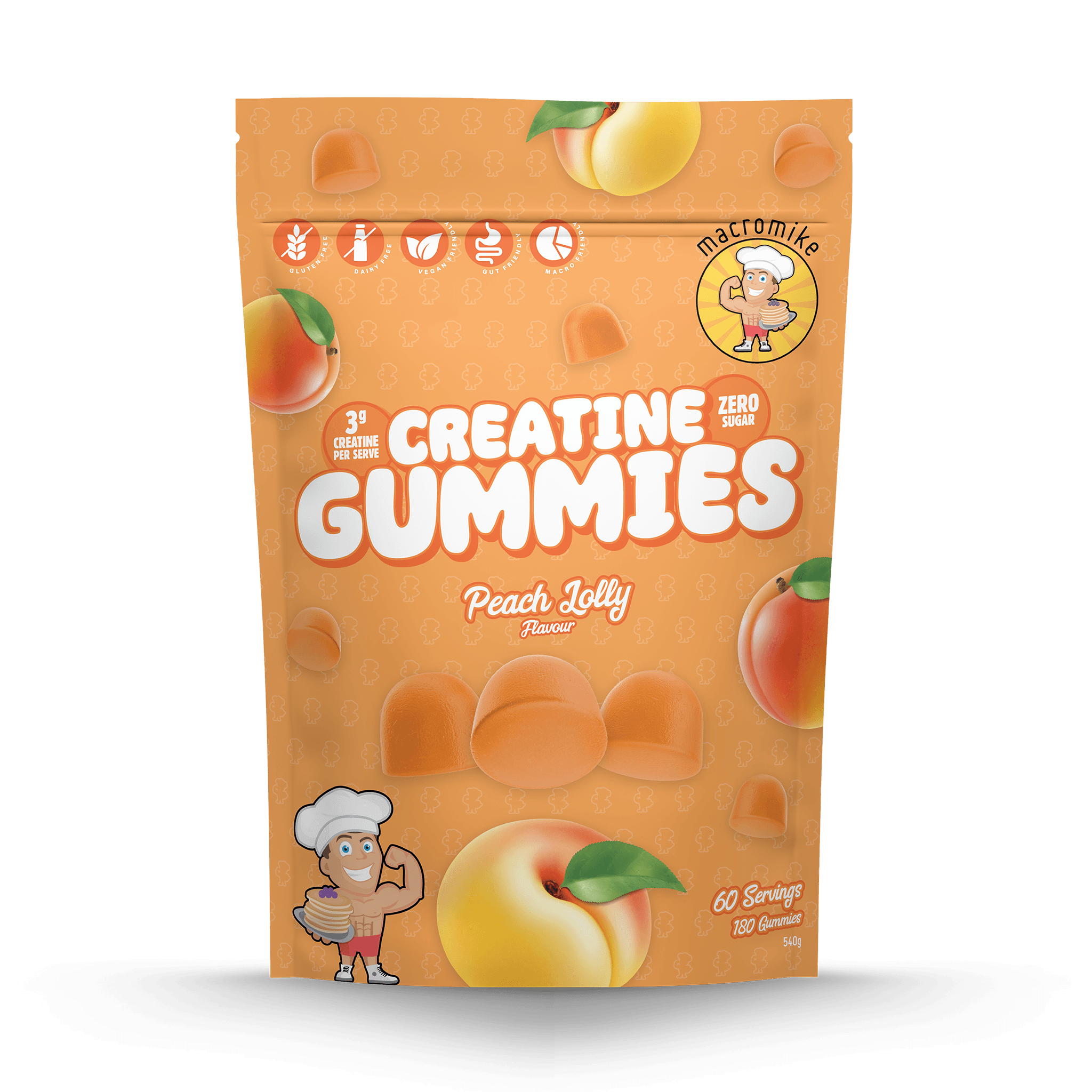 Peach Lolly Creatine Gummies 540g – 180 Gummies (60 Servings)