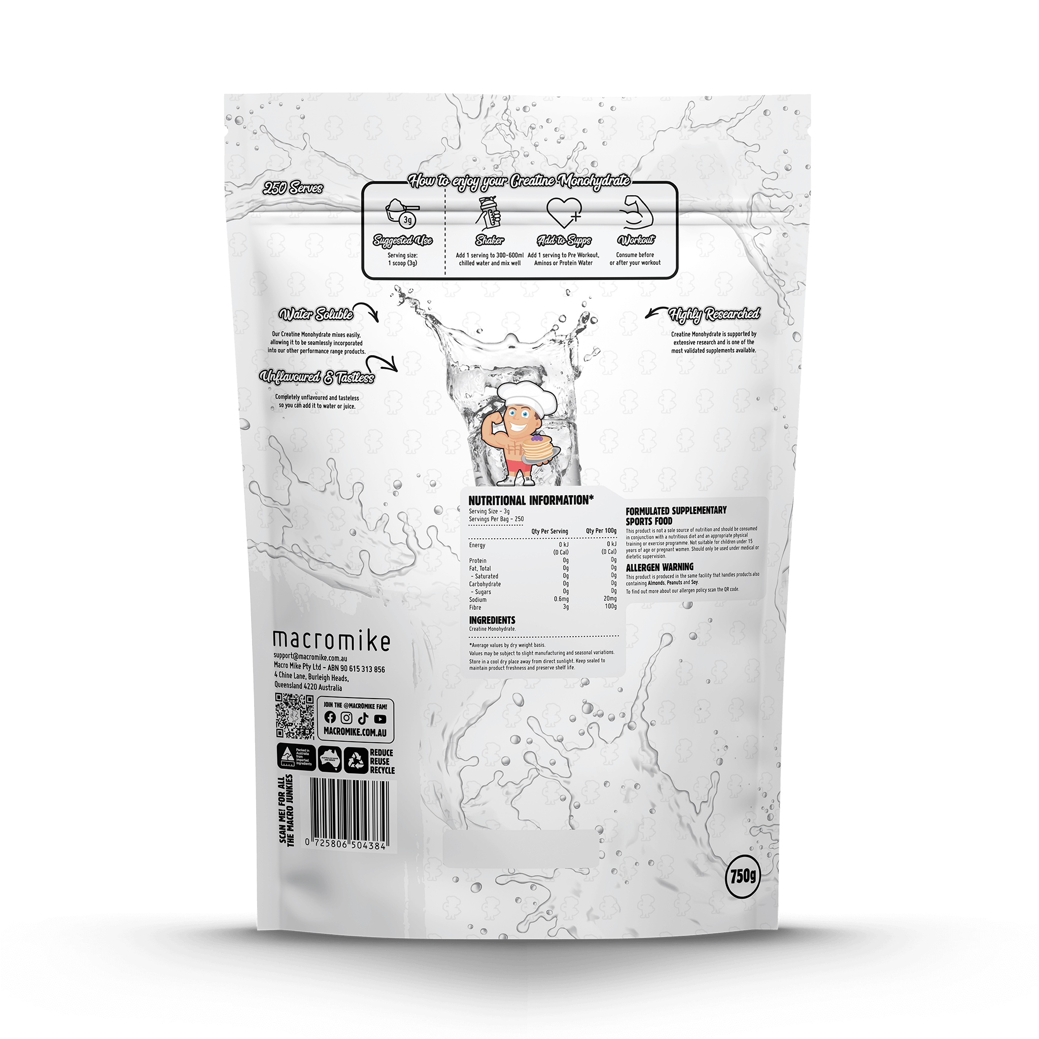 Unflavoured Creatine Monohydrate (750g Bag) – 250 Serves
