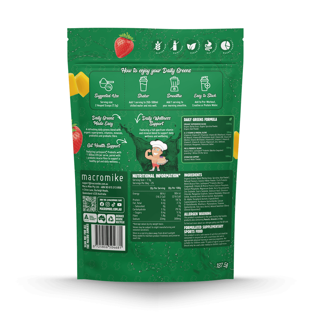 Strawberry Mango Burst Daily Super Greens (187.5g Bag) – New Range