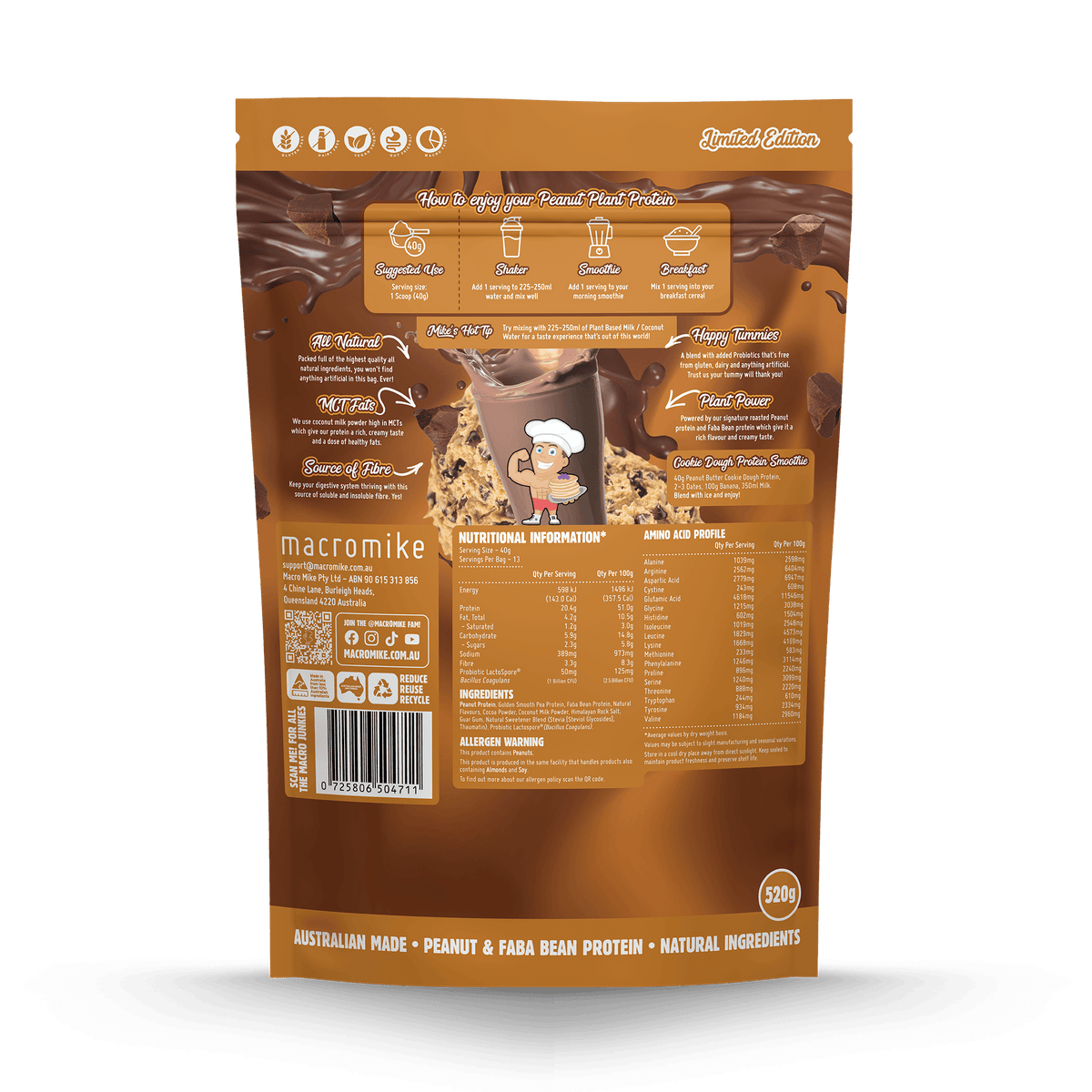 Peanut Butter Choc Chunk Cookie Dough Peanut Plant Protein (520g Bag)