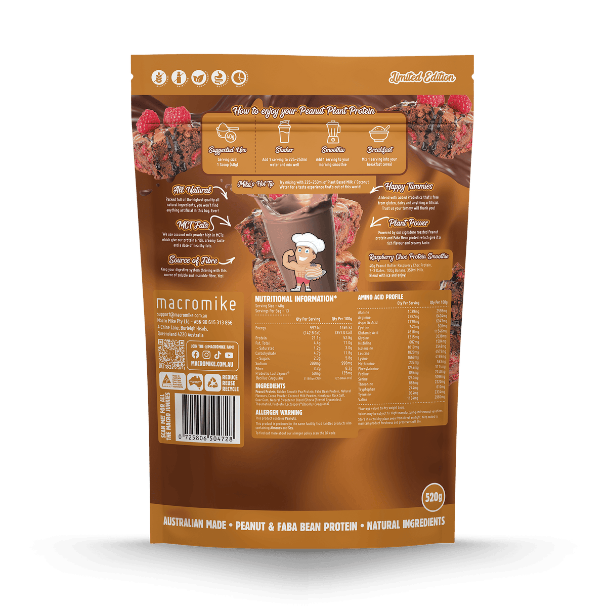 Peanut Butter Raspberry Choc Peanut Plant Protein (520 Bag)