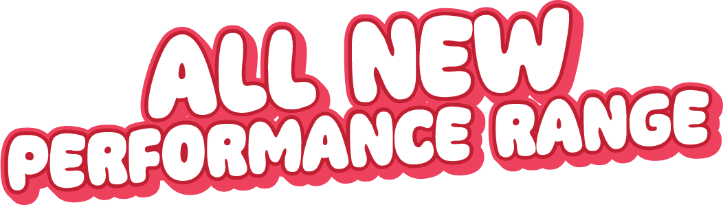 Promotional graphic with the text 'ALL NEW PERFORMANCE RANGE' in bold white letters with a pink outline.