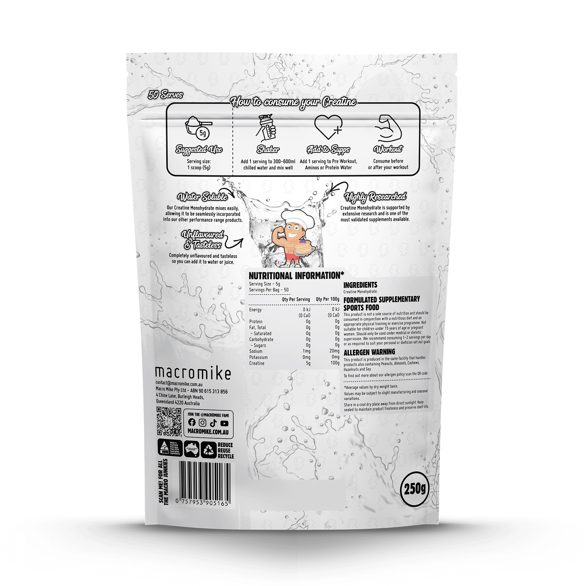 Unflavoured Creatine Monohydrate (250g Bag)
