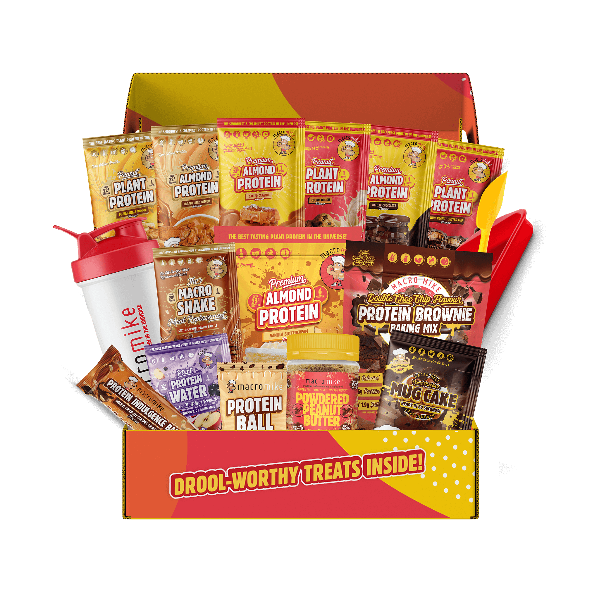 A variety of snack bars and shakes displayed open in a Hero Box with the text 'DROOL-WORTHY TREATS INSIDE!'.