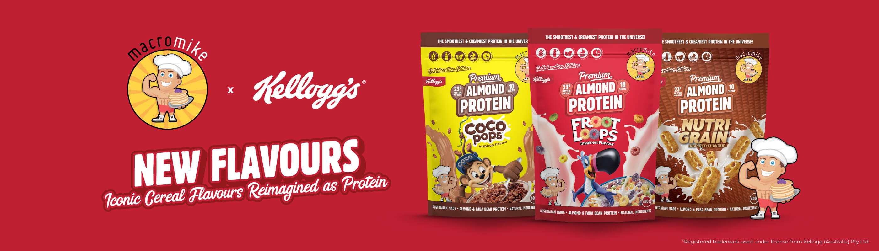Macro Mike x Kellogg's collab banner with the three proteins