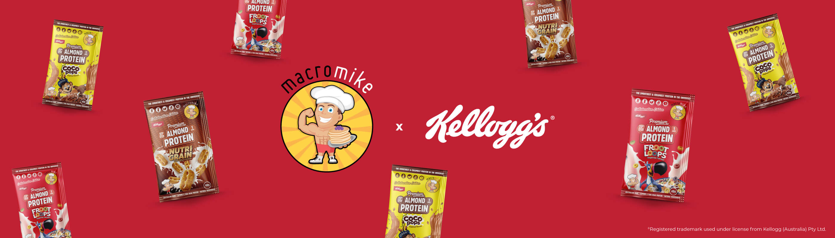 Macro Mike x Kellogg's collab banner with the three proteins in sachets flying around