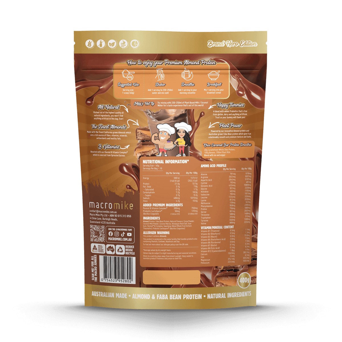 Choc Caramel Bar Almond Plant Based Protein (400g Bag) | Macro Mike