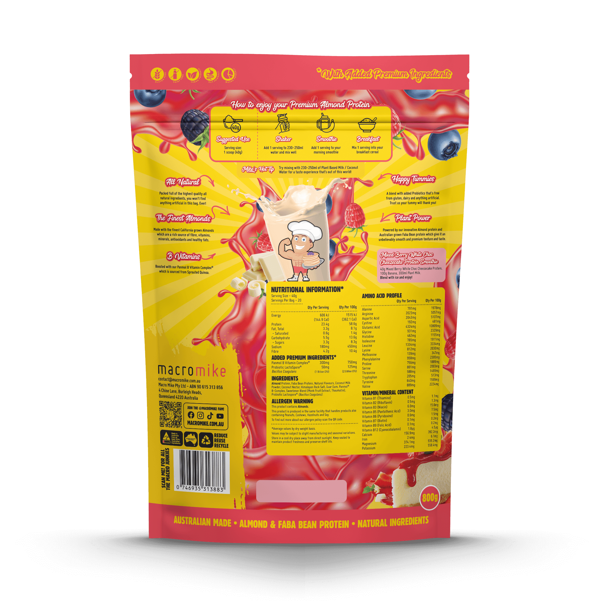 Mixed Berry White Choc Cheezecake Premium Almond Protein (800g Bag)
