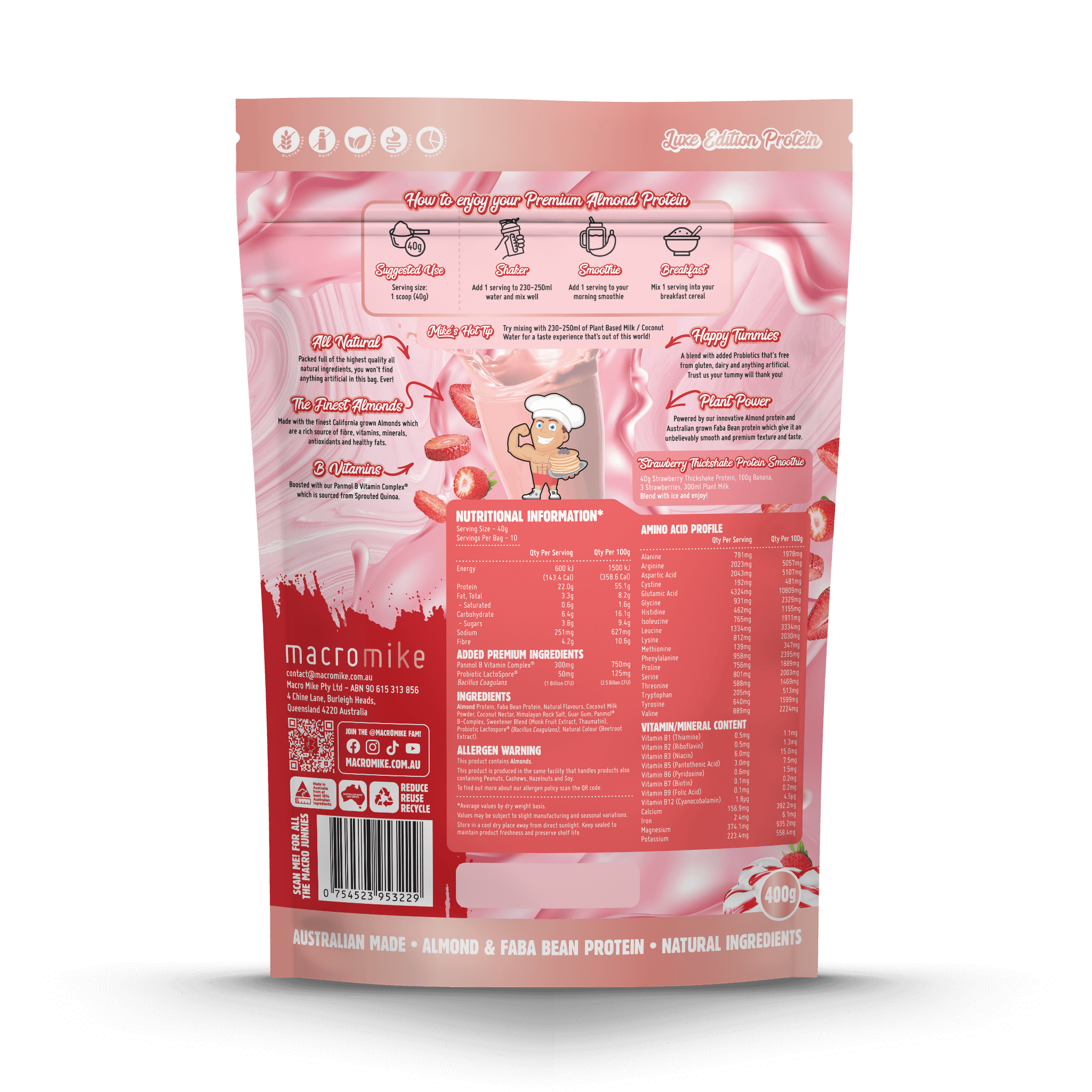 Strawberry Thick Shake Premium Almond Protein (400g Bag)