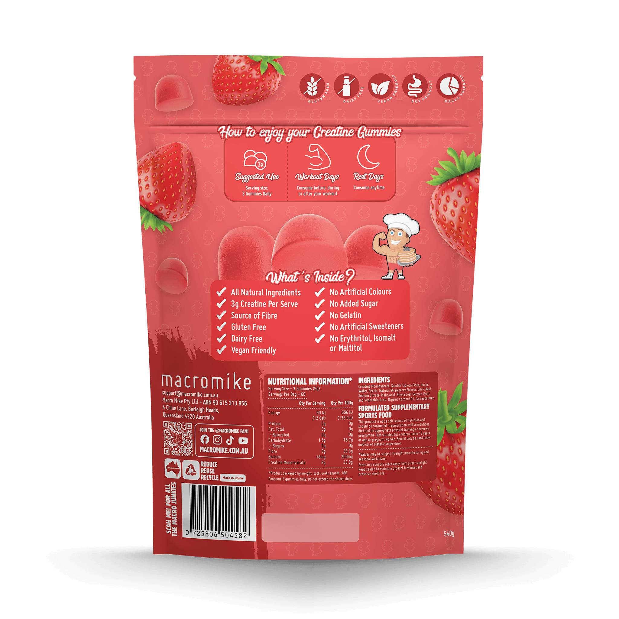 Juicy Strawberry Creatine Gummies (540g Bag)