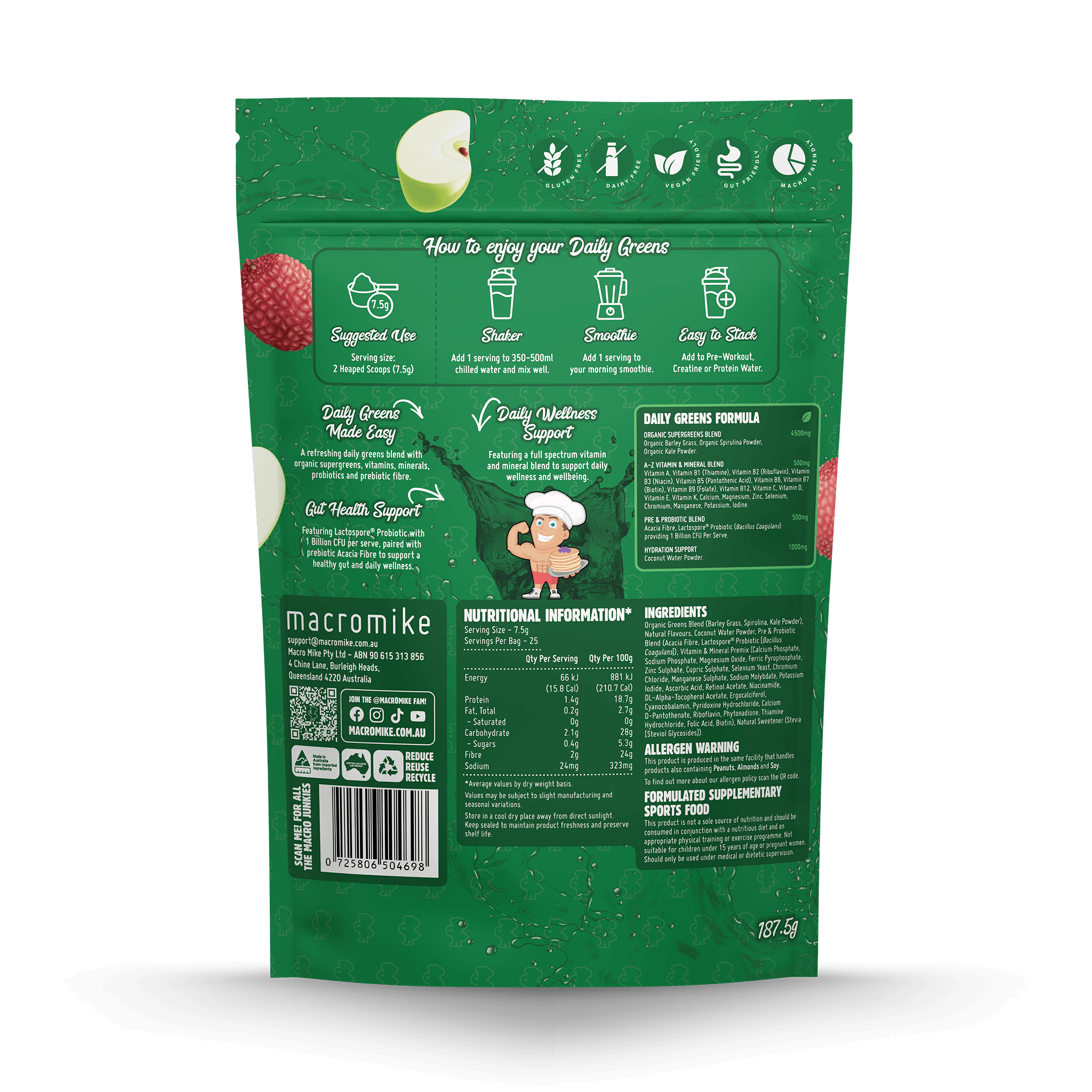Apple Lychee Splash Daily Super Greens (187.5g Bag) – New Range