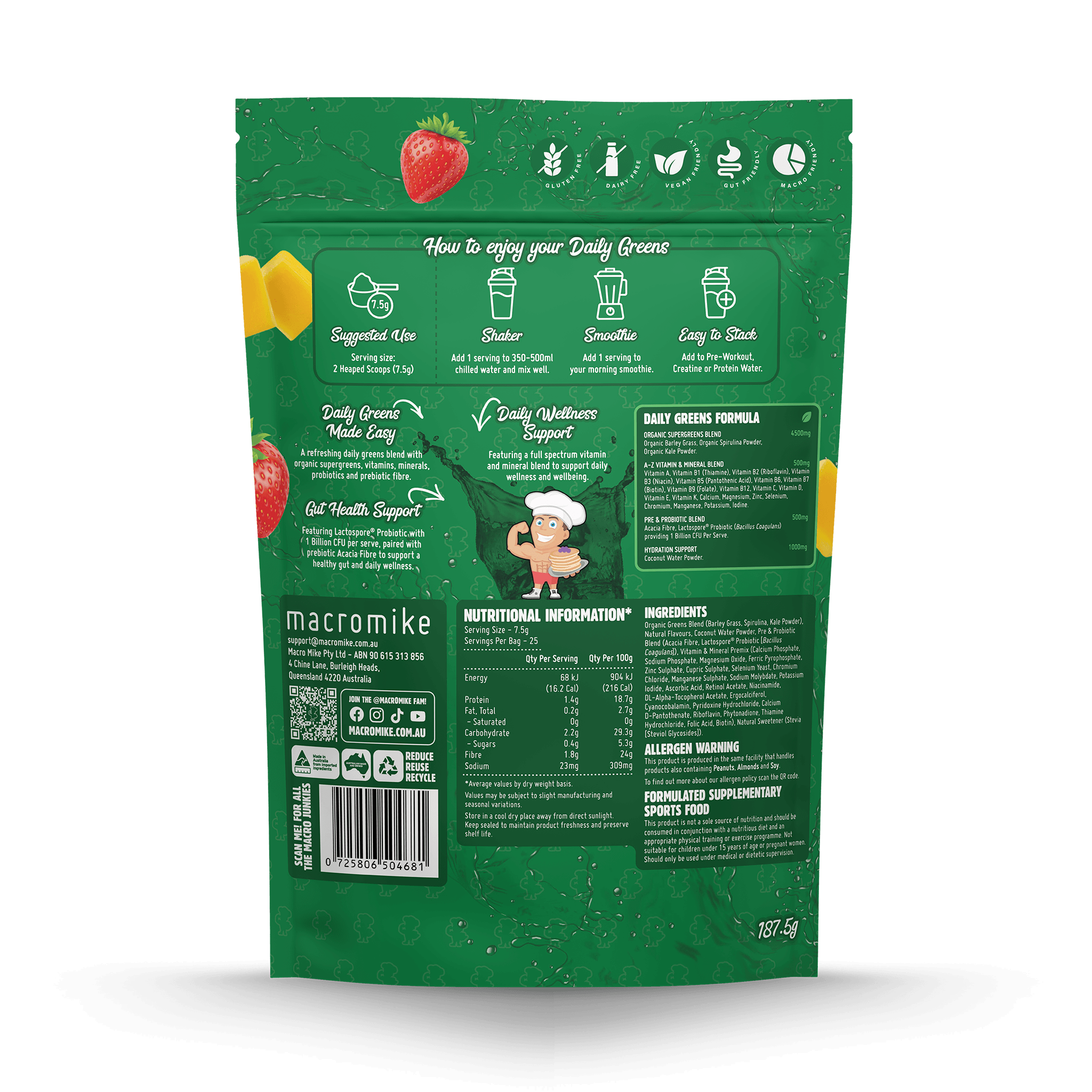 Strawberry Mango Burst Daily Super Greens (187.5g Bag) – New Range