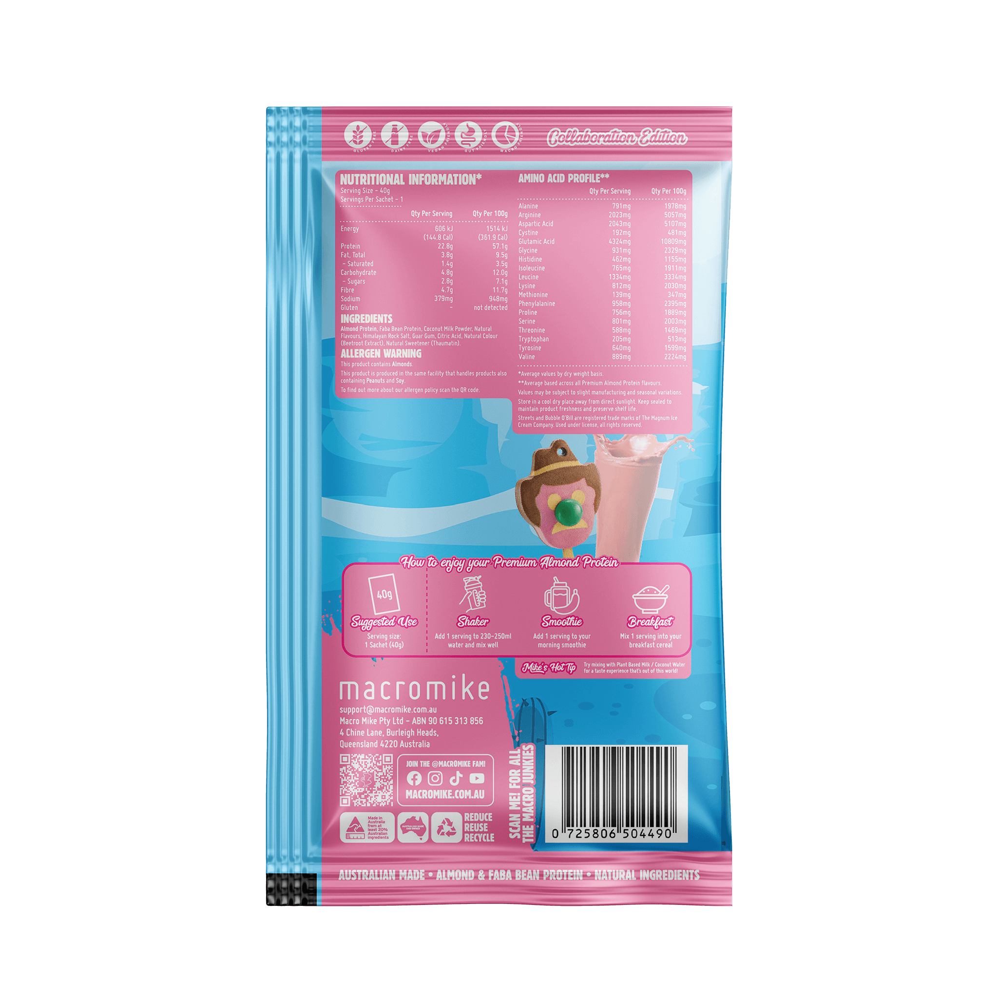 Macro Mike x Streets Strawberry Bubblegum Bubble O'Bill Premium Almond Protein (40g Sachet)
