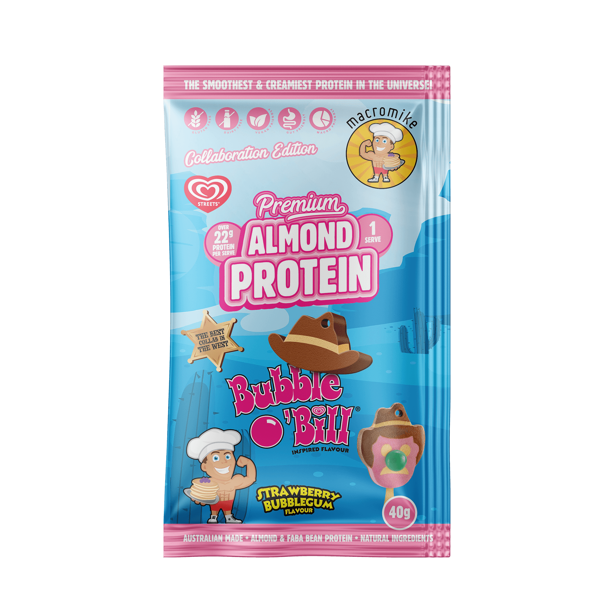 Macro Mike x Streets Strawberry Bubblegum Bubble O'Bill Premium Almond Protein (40g Sachet)