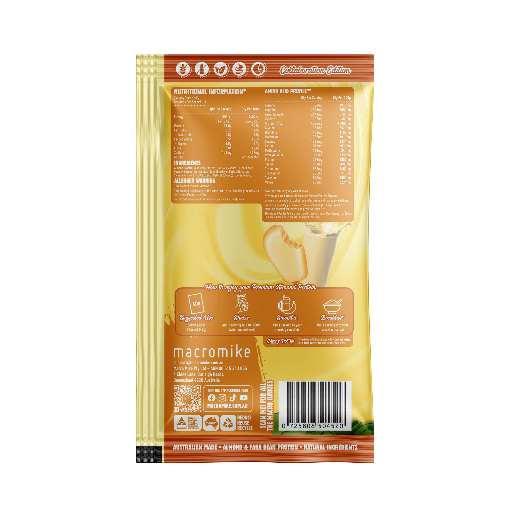 Macro Mike x Streets Banana Paddle Pop Premium Almond Protein (40g Sachet)
