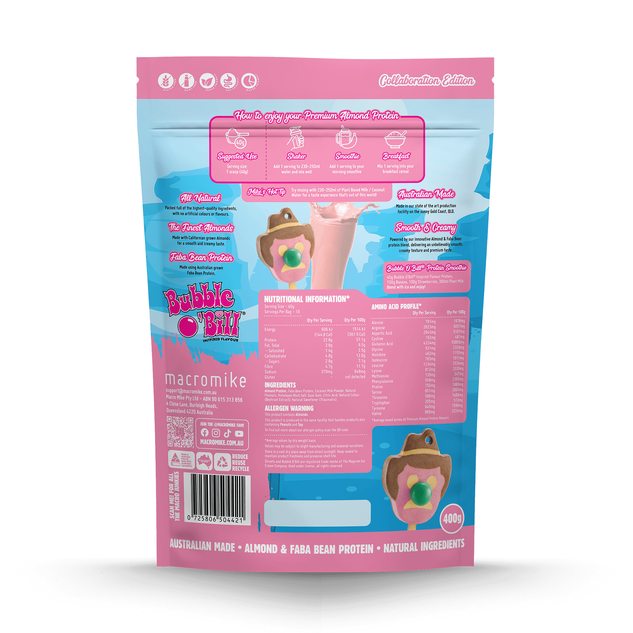 Macro Mike x Streets Strawberry Bubblegum Bubble O'Bill Premium Almond Protein (400g Bag)