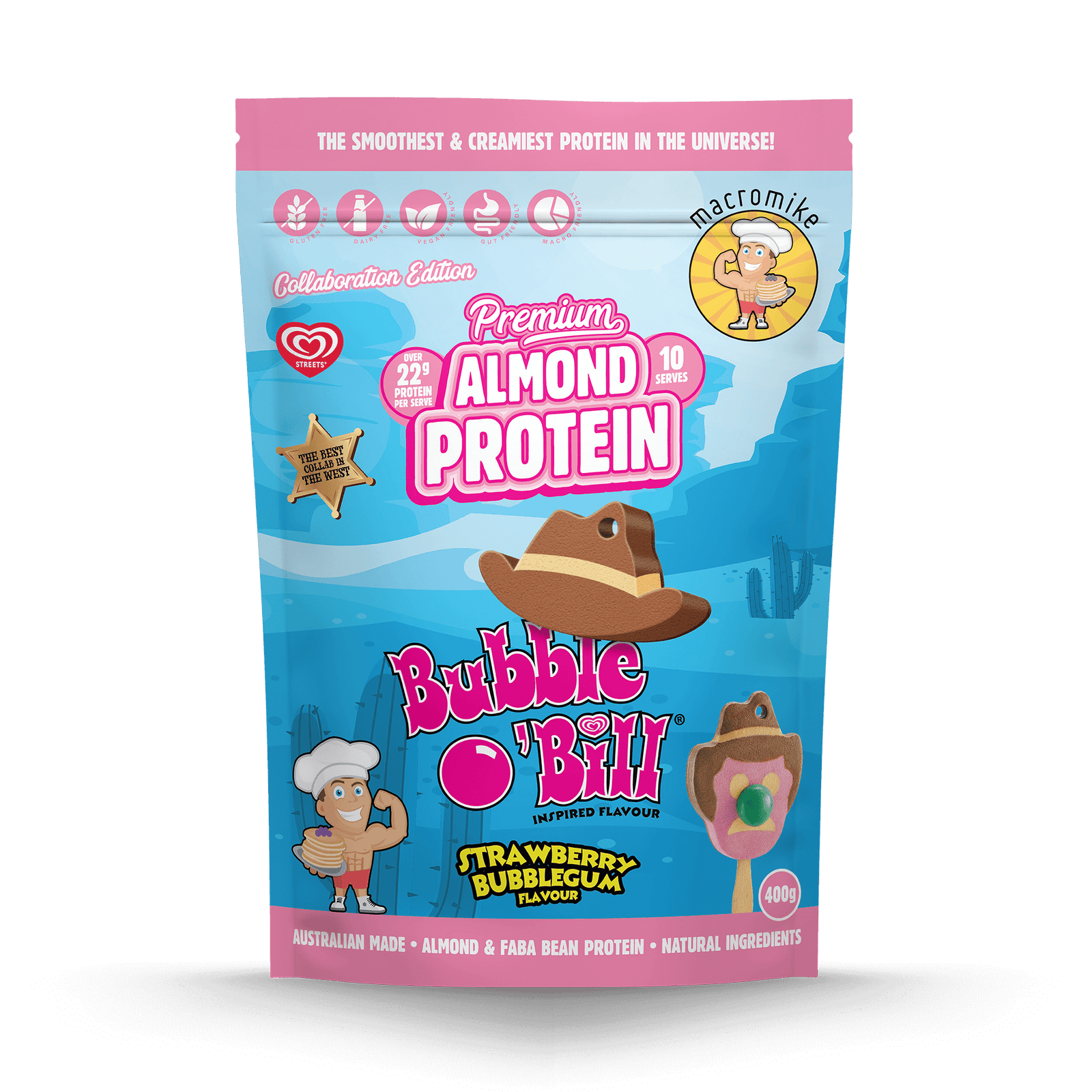 Macro Mike x Streets Strawberry Bubblegum Bubble O'Bill Premium Almond Protein (400g Bag)