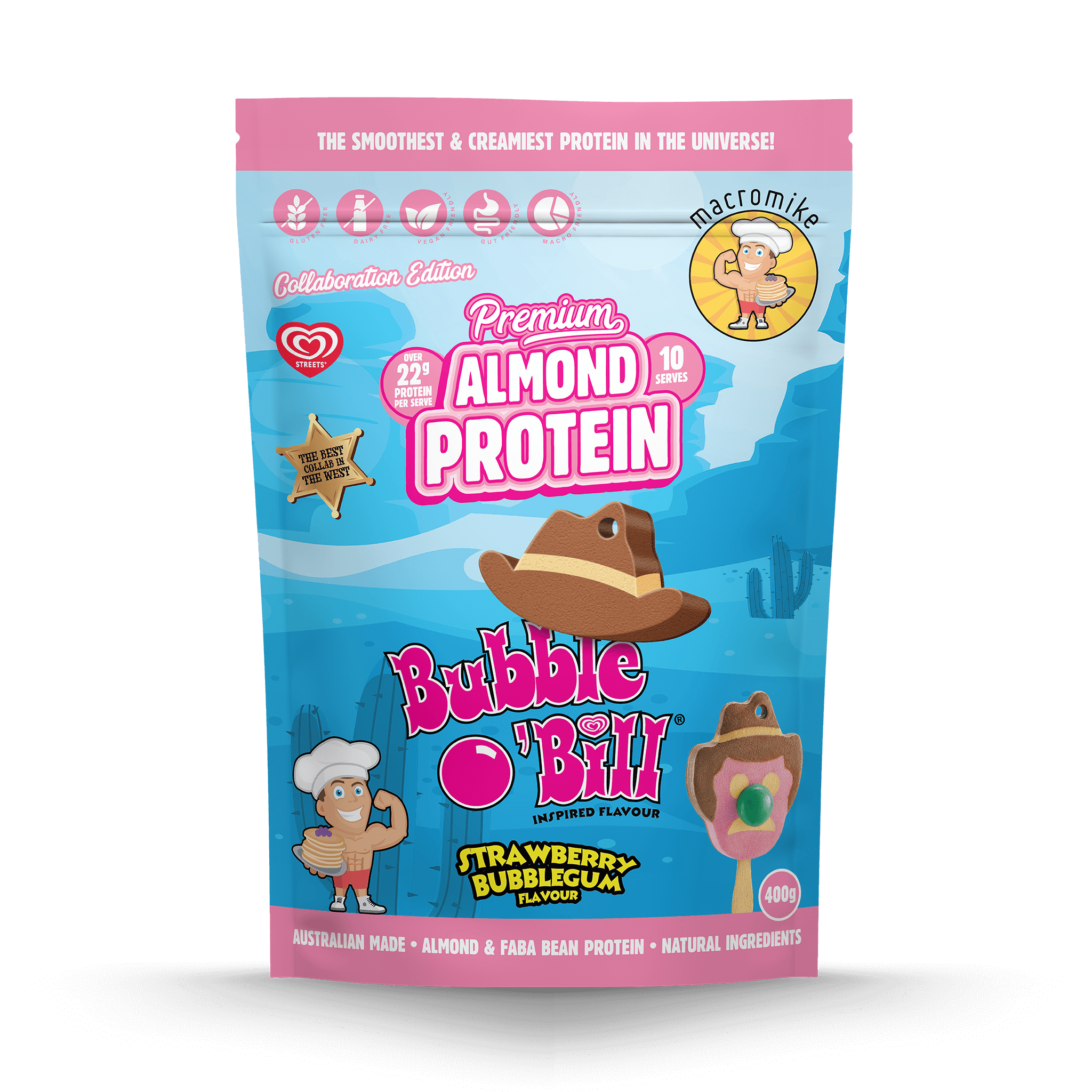Macro Mike x Streets Strawberry Bubblegum Bubble O'Bill Premium Almond Protein (400g Bag)