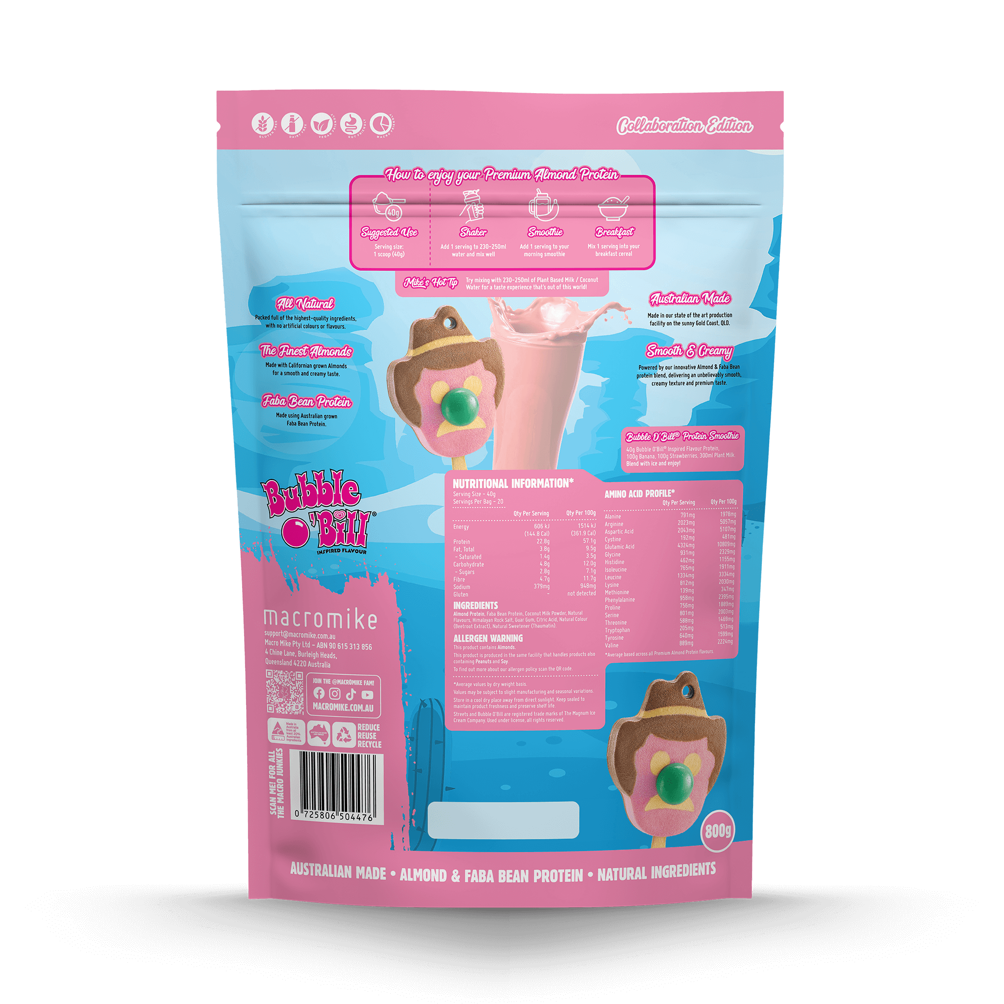 Macro Mike x Streets Strawberry Bubblegum Bubble O'Bill Premium Almond Protein (800g Bag)