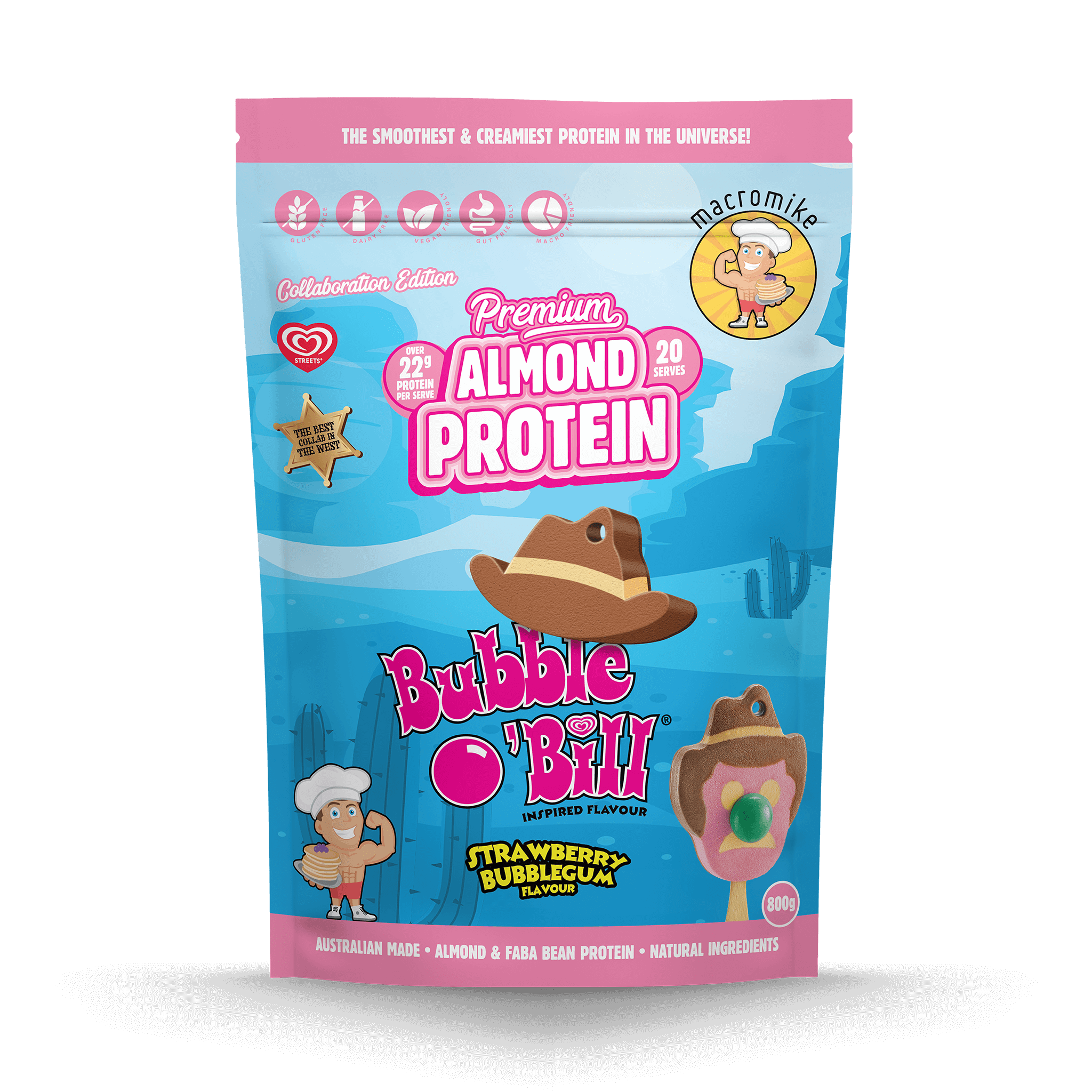 Macro Mike x Streets Strawberry Bubblegum Bubble O'Bill Premium Almond Protein (800g Bag)