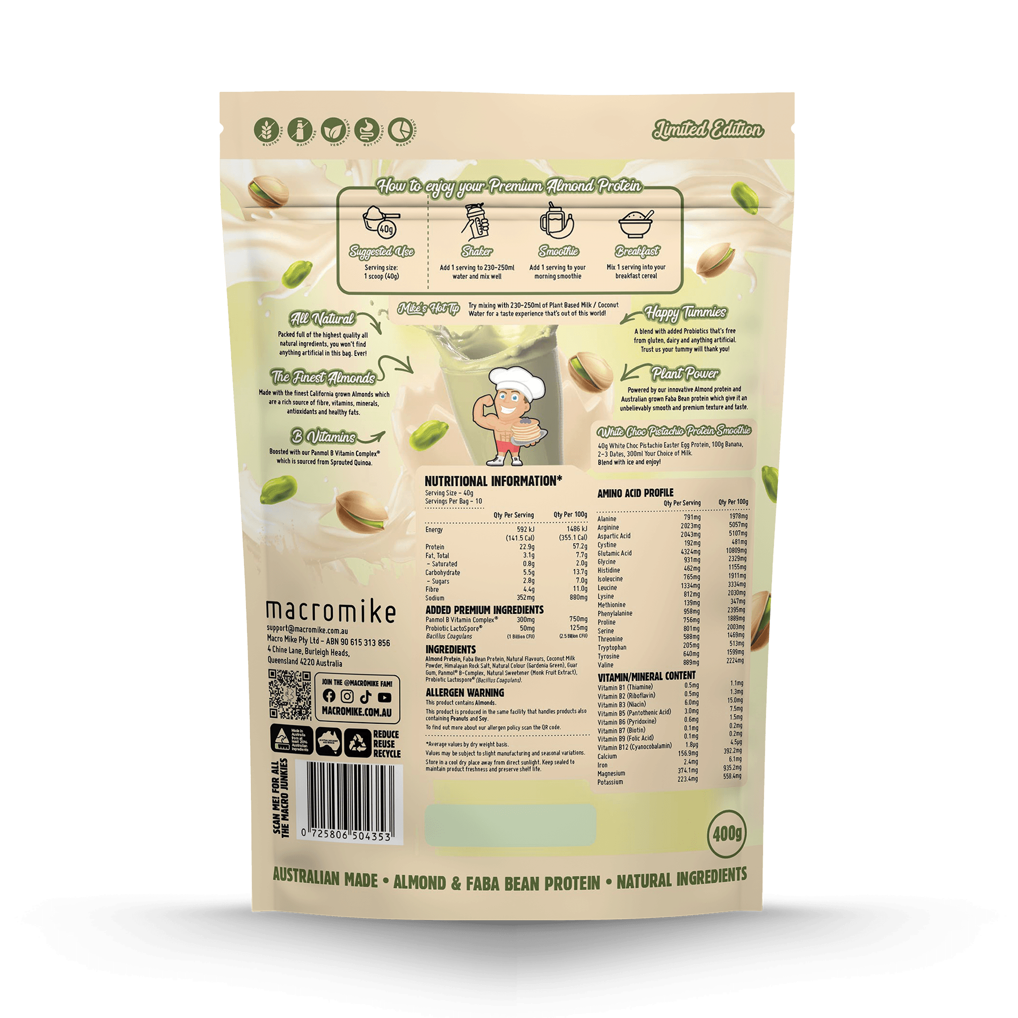 White Choc Pistachio Premium Almond Protein (400g Bag)