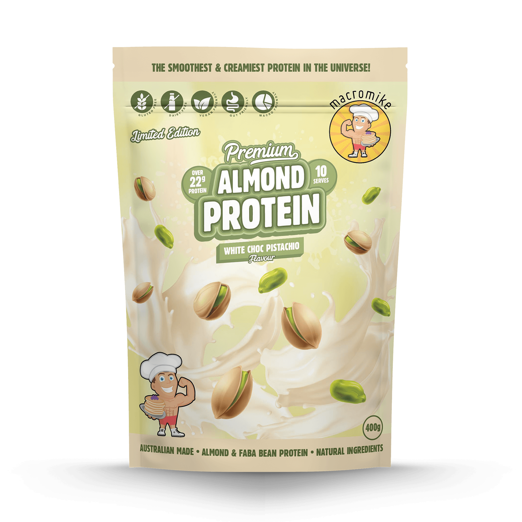 White Choc Pistachio Premium Almond Protein (400g Bag)
