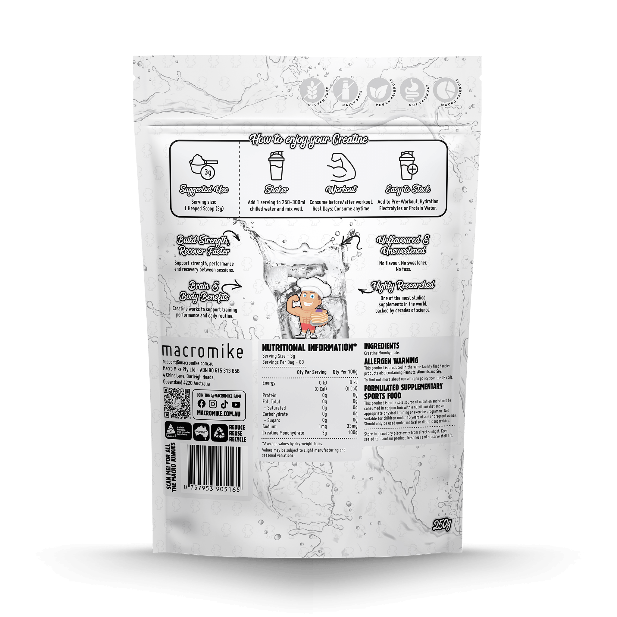 Unflavoured Creatine Monohydrate (250g Bag)